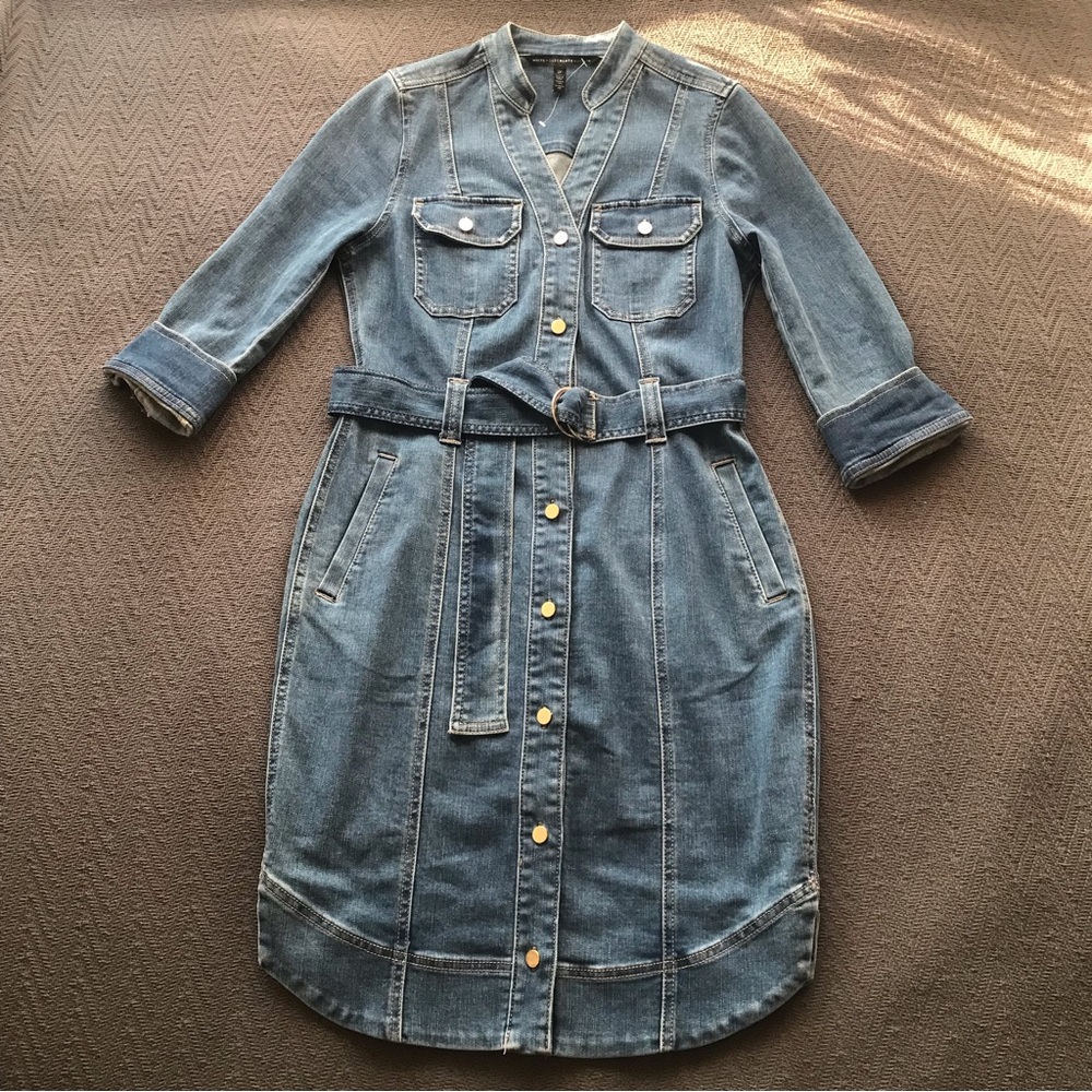 White House Black Market Denim Button Down Dress Belted Pockets Half Sleeve 2 P